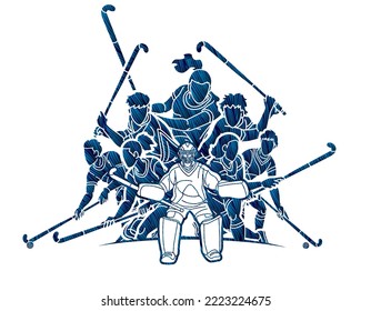 Field Hockey Sport Team Male and Female Players Action Together Cartoon Graphic Vector