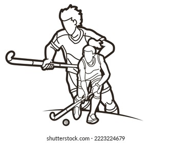 Field Hockey Sport Team Male and Female Players Action Together Cartoon Graphic Vector