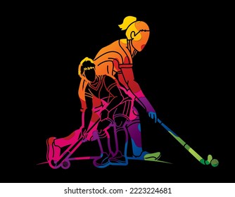 Field Hockey Sport Team Male and Female Players Action Together Cartoon Graphic Vector