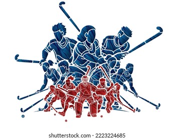 Field Hockey Sport Team Male and Female Players Action Together Cartoon Graphic Vector