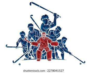 Field Hockey Sport Team Male Players Mix Action Cartoon Graphic Vector