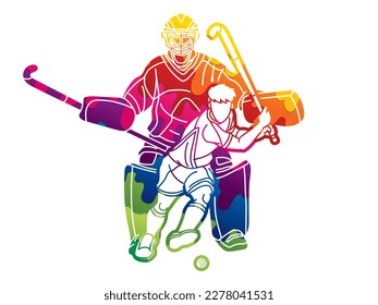 Field Hockey Sport Team Male Players Mix Action Cartoon Graphic Vector