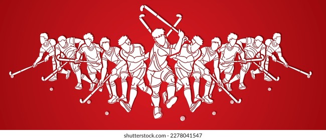 Field Hockey Sport Team Male Players Mix Action Cartoon Graphic Vector