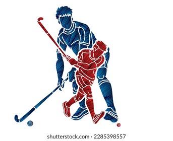 Jugadores masculinos del equipo deportivo de hockey de campo mezclan vectores gráficos de dibujos animados de acción