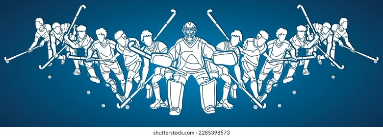 Jugadores masculinos del equipo deportivo de hockey de campo mezclan vectores gráficos de dibujos animados de acción