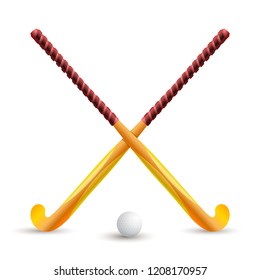 Field hockey. Sports supplies for playing on a white background. Hockey stick and ball. Crossed sticks for hockey. Sports competition on the grass. Vector illustration