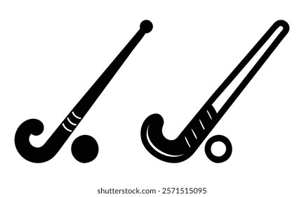 Field hockey stick and ball icons, Black-and-white illustrations of field hockey sticks and balls, showcasing minimalistic sports equipment for hockey enthusiasts and designs.