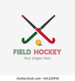 Field hockey team logo. Vector sport club badge with two sticks and ball.
