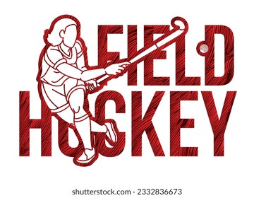 Texto de hockey sobre hierba diseñado con vectores gráficos deportivos de dibujos animados de jugadora femenina