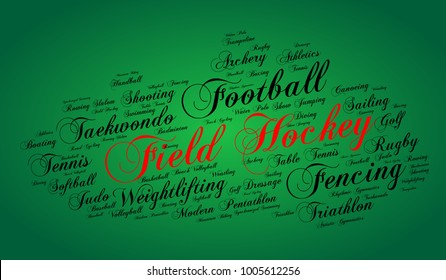 Field Hockey. Word Cloud , Elegant Cursive Font, Green Gradient Background. Summer Sports.