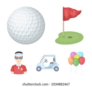 Field with a hole and a flag, a golf ball, a golfer, an electric golf cart.Golf club set collection icons in cartoon style vector symbol stock illustration web.