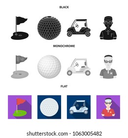 Field with a hole and a flag, a golf ball, a golfer, an electric golf cart.Golf club set collection icons in black, flat, monochrome style vector symbol stock illustration web.