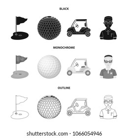 Field with a hole and a flag, a golf ball, a golfer, an electric golf cart.Golf club set collection icons in black,monochrome,outline style vector symbol stock illustration web.