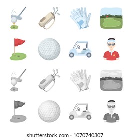 Field with a hole and a flag, a golf ball, a golfer, an electric golf cart.Golf club set collection icons in cartoon,monochrome style vector symbol stock illustration web.