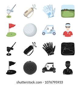 Field with a hole and a flag, a golf ball, a golfer, an electric golf cart.Golf club set collection icons in black,cartoon style vector symbol stock illustration web.