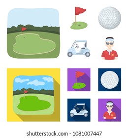 Field with a hole and a flag, a golf ball, a golfer, an electric golf cart.Golf club set collection icons in cartoon,flat style vector symbol stock illustration web.