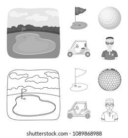 Field with a hole and a flag, a golf ball, a golfer, an electric golf cart.Golf club set collection icons in outline,monochrome style vector symbol stock illustration web.