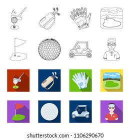 Field with a hole and a flag, a golf ball, a golfer, an electric golf cart.Golf club set collection icons in outline,flat style vector symbol stock illustration web.