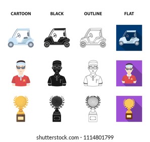 Field with a hole and a flag, a golf ball, a golfer, an electric golf cart.Golf club set collection icons in cartoon,black,outline,flat style vector symbol stock illustration web.