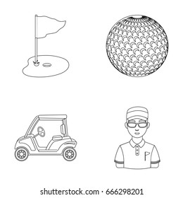 Field with a hole and a flag, a golf ball, a golfer, an electric golf cart.Golf club set collection icons in outline style vector symbol stock illustration web.