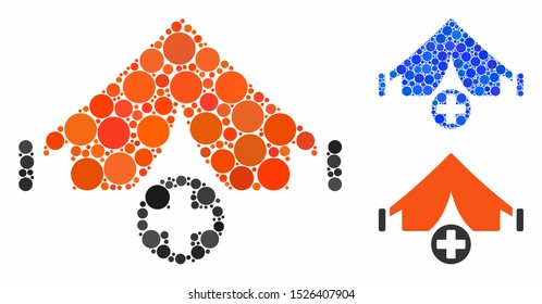 Field hospital mosaic for field hospital icon of spheric dots in different sizes and color tones. Vector round dots are combined into blue mosaic.