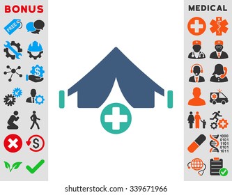 Field Hospital vector icon with bonus. Style is bicolor flat symbol, cobalt and cyan colors, rounded angles, white background.
