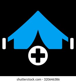 Field Hospital vector icon. Style is bicolor flat symbol, blue and white colors, rounded angles, black background.