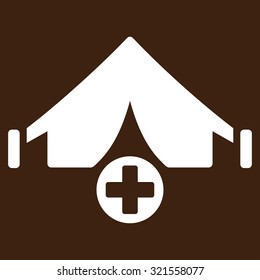 Field Hospital vector icon. Style is flat symbol, white color, rounded angles, brown background.