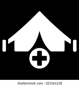 Field Hospital vector icon. Style is flat symbol, white color, rounded angles, black background.
