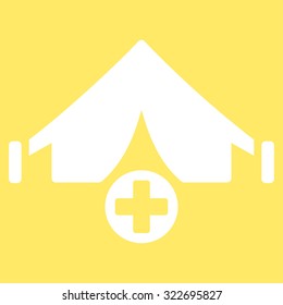 Field Hospital vector icon. Style is flat symbol, white color, rounded angles, yellow background.