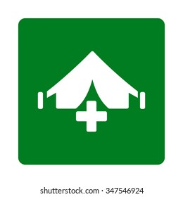 Field Hospital vector icon. Style is flat rounded square button, white and green colors, white background.