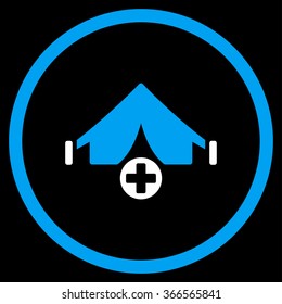 Field Hospital vector icon. Style is bicolor flat circled symbol, blue and white colors, rounded angles, black background.