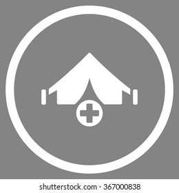 Field Hospital vector icon. Style is flat circled symbol, white color, rounded angles, gray background.