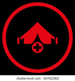 Field Hospital vector icon. Style is flat circled symbol, red color, rounded angles, black background.