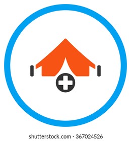 Field Hospital vector icon. Style is flat circled symbol, orange and blue colors, rounded angles, white background.