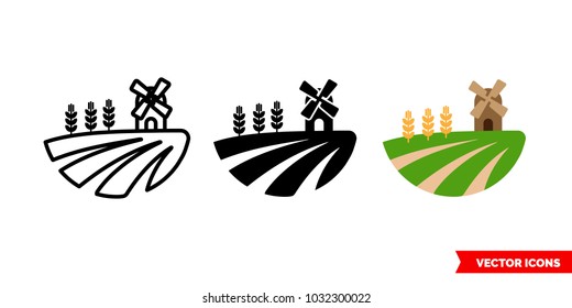 Field icon of 3 types: color, black and white, outline. Isolated vector sign symbol.