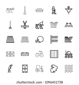 Field icon. collection of 25 field outline icons such as rabbit, barn, tractor, scarecrow, exercising, hoe, irrigation system. editable field icons for web and mobile.