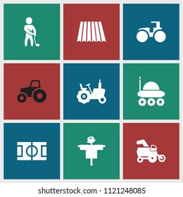 Field icon. collection of 9 field filled icons such as tractor, scarecrow, golf player. editable field icons for web and mobile.