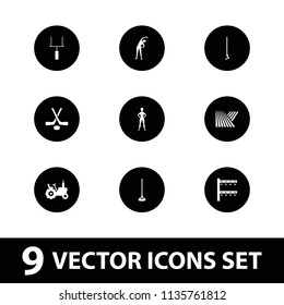 Field icon. collection of 9 field filled icons such as tractor, exercising, hoe, irrigation system, goal post. editable field icons for web and mobile.