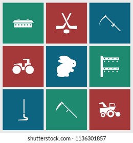 Field icon. collection of 9 field filled icons such as rabbit, tractor, scythe, irrigation system, hockey, barn. editable field icons for web and mobile.