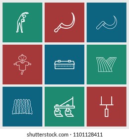 Field icon. collection of 9 field outline icons such as barn, tractor, exercising, scythe, goal post. editable field icons for web and mobile.