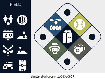 field icon set. 13 filled field icons. Included Shin guards, Tractor, Football, Golf, Desert, Scoreboard, Foosball, Hockey, Tennis, Prairie, Farmer, Referee icons