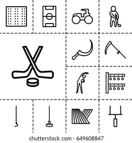 Field icon. set of 13 outline field icons such as field, exercising, tractor, hoe, scythe, irrigation system, golf player, football pitch, goal post