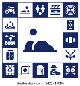 field icon set. 17 filled field icons.  Collection Of - Tractor, Forest, Prairie, Desert, Shin guards, Football field, Rugby, Golf, Crop, Foosball, Harvest, Stadium, Farmer, Magnetic