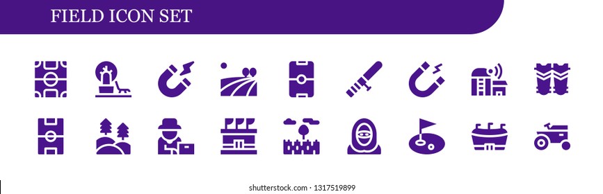 field icon set. 18 filled field icons.  Simple modern icons about  - Football field, Landscape, Magnetism, Football, Baton, Magnet, Farm, Shin guards, Forest, Farmer, Stadium