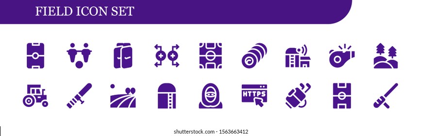field icon set. 18 filled field icons.  Simple modern icons about  - Football, Foosball, Shin guards, Magnet, Football field, Bale, Farm, Referee, Forest, Tractor, Baton,