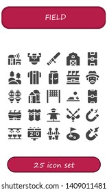 field icon set. 25 filled field icons.  Simple modern icons about  - Farm, Field, Baton, Barn, Football Forest, Referee, Shin guards, Stadium, Farmer, Silo, Volleyball net