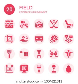 field icon set. Collection of 20 filled field icons included Farm, Tractor, Landscape, Hockey, Crop, Hill, Scoreboard, Football, Field, Rake, Offside, Magnet, Scarecrow, Volleyball net