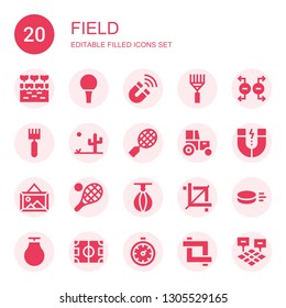 field icon set. Collection of 20 filled field icons included Farm, Golf ball, Magnet, Rake, Desert, Tennis, Tractor, Landscape, Punching ball, Crop, Puck, Field, Stopclock
