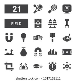 field icon set. Collection of 21 filled field icons included Positive ion, Stopclock, Puck, Forest, Crop, Football field, Grass, Magnet, Punching ball, Desert, Rugby ball, Rake